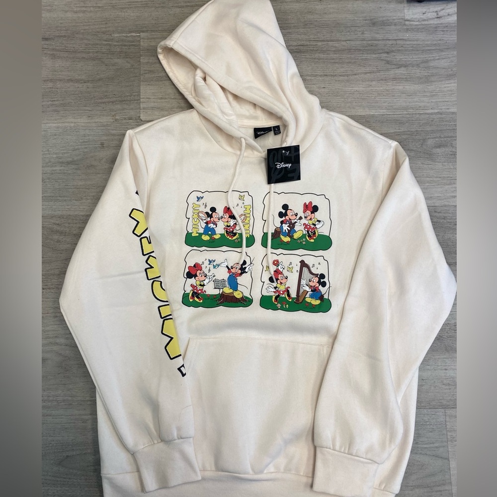 Disney Mickey & Minnie Graphic Hoodie Sweatshirt Unisex Large Cream Cotton Blen
